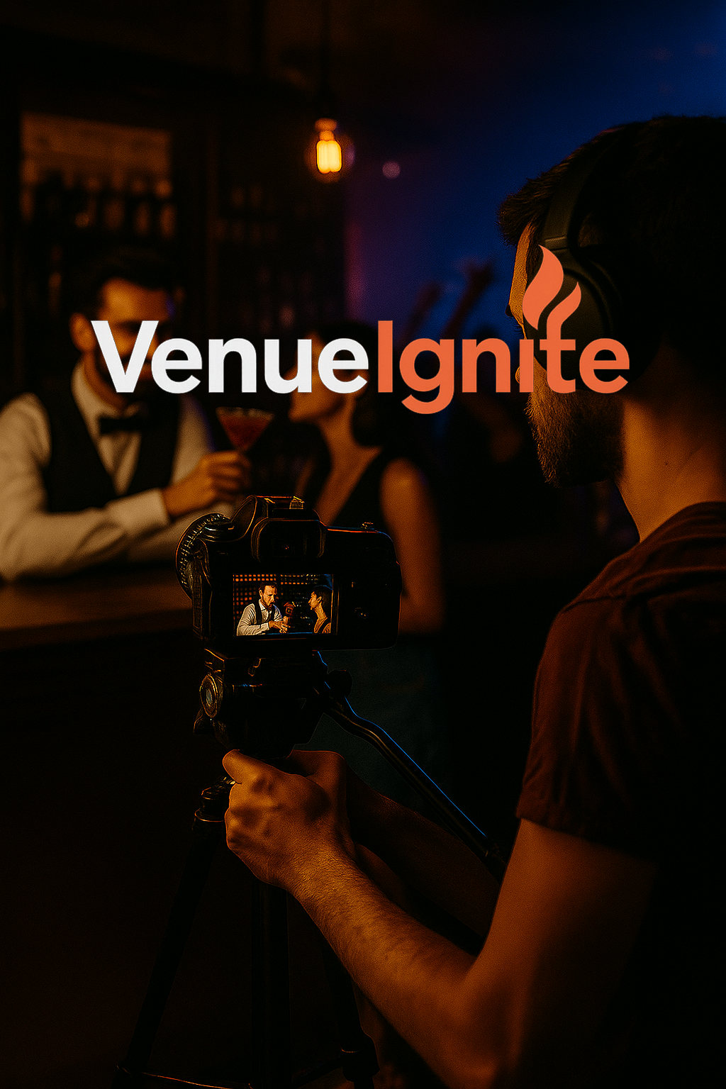 A professional videographer films inside a nightclub with colorful lights and a lively atmosphere.