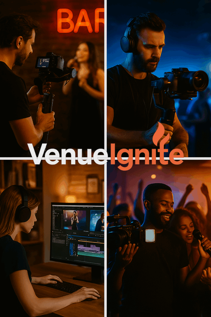 A professional videographer films inside a nightclub with colorful lights and a lively atmosphere.