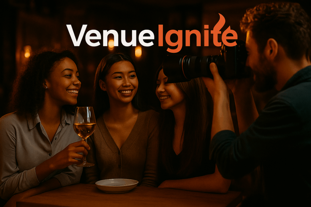 Professional photographer capturing nightlife moments with a flash camera at a packed club, branded with VenueIgnite.