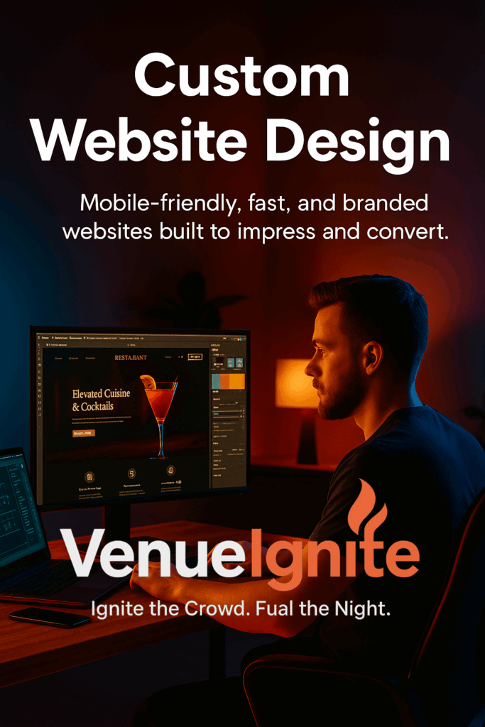 VenueIgnite brand preview on laptop and mobile showing “Make Your Nights Unforgettable” tagline for bar, club, lounge, and restaurant marketing and on-site event services.